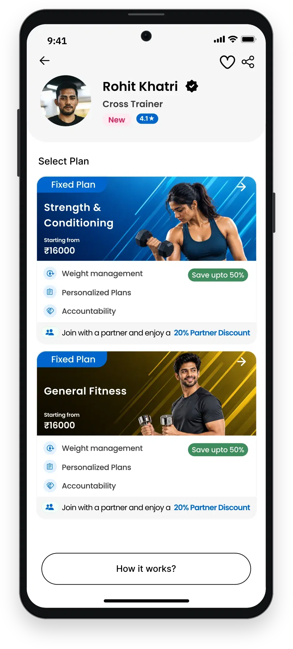 Tendon app screen for picking a plan and confirming a session