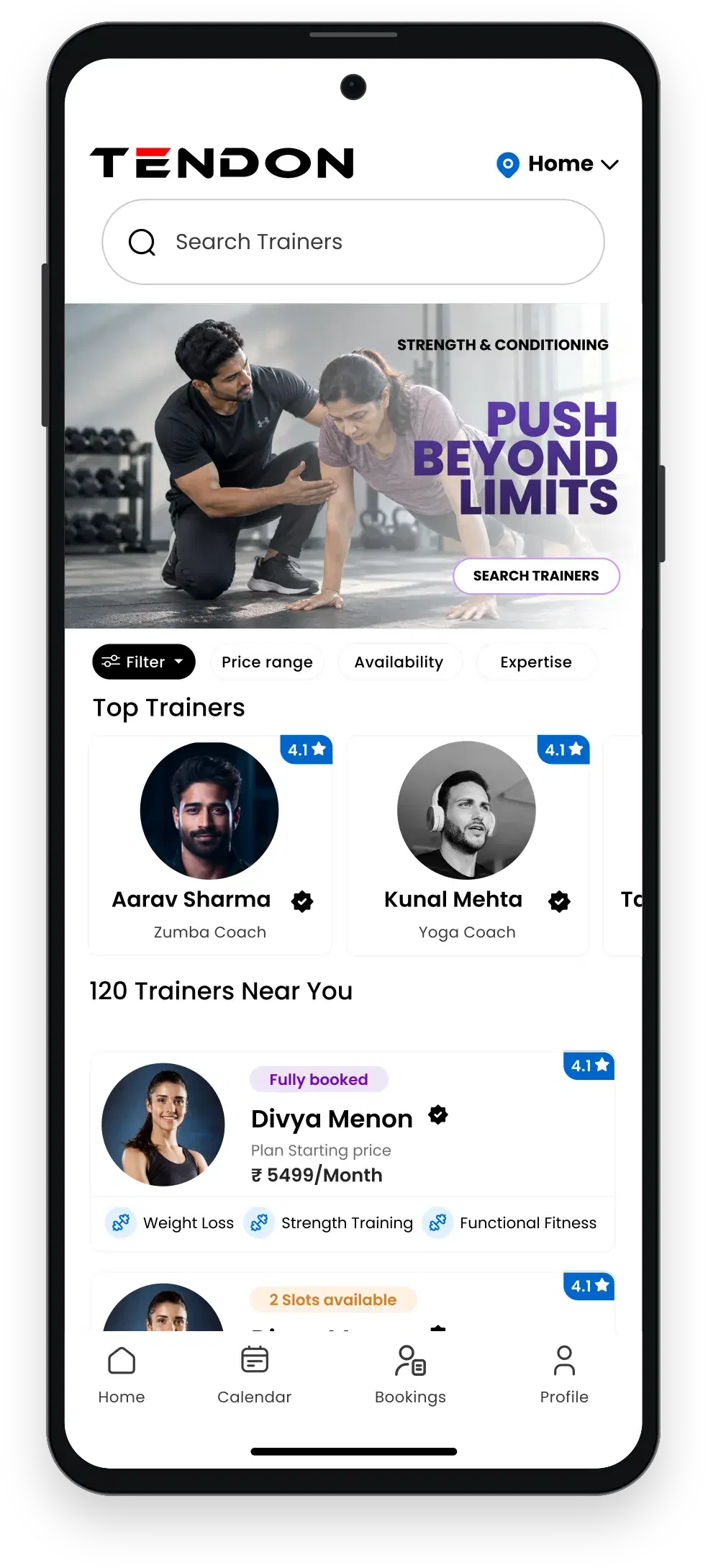 Tendon app screen listing nearby certified trainers